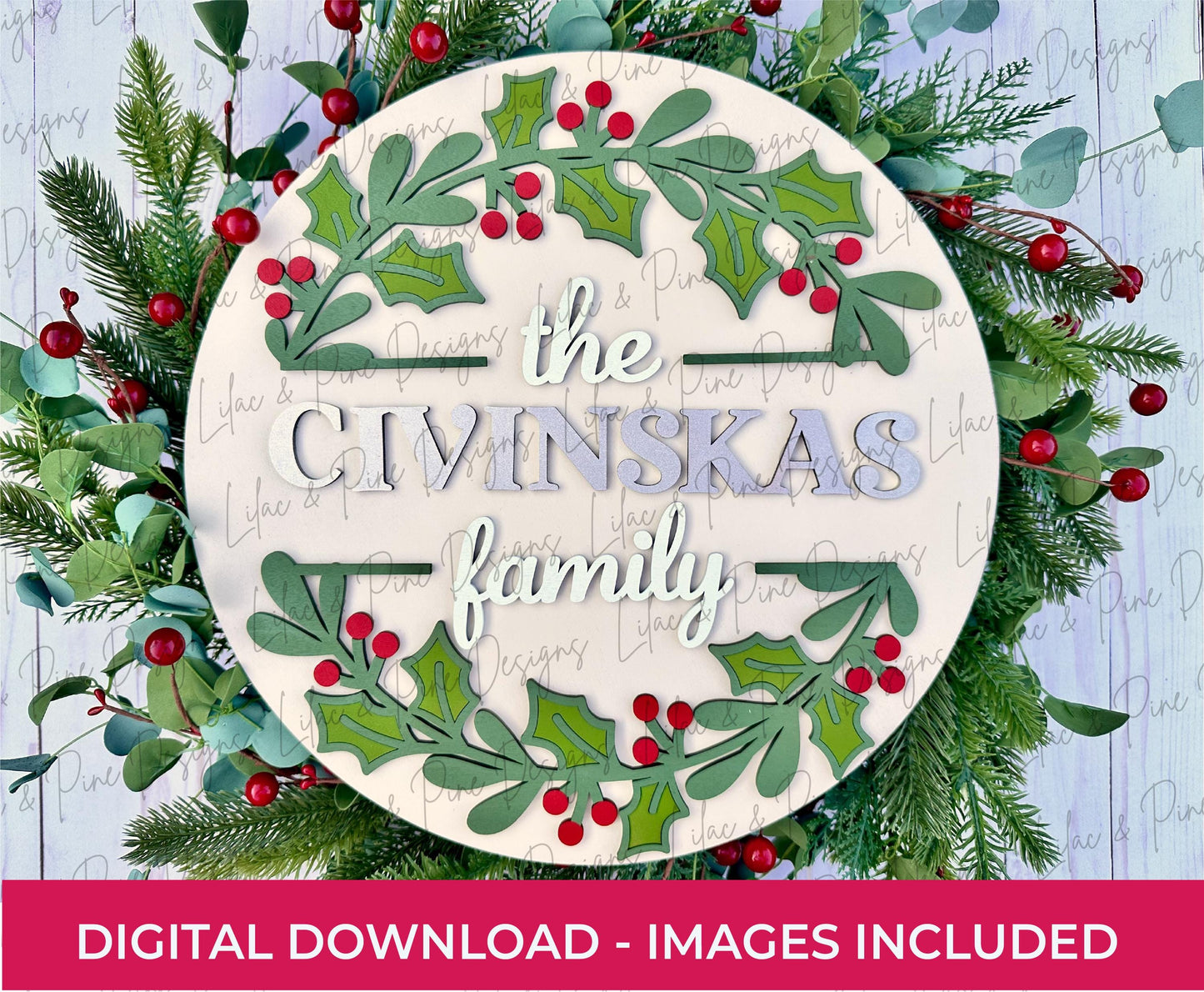 Custom Holly Family Sign SVG - Round Wreath door hanger - Personalized Christmas SVG DIY Holiday Decor - Cricut svg - laser cut file