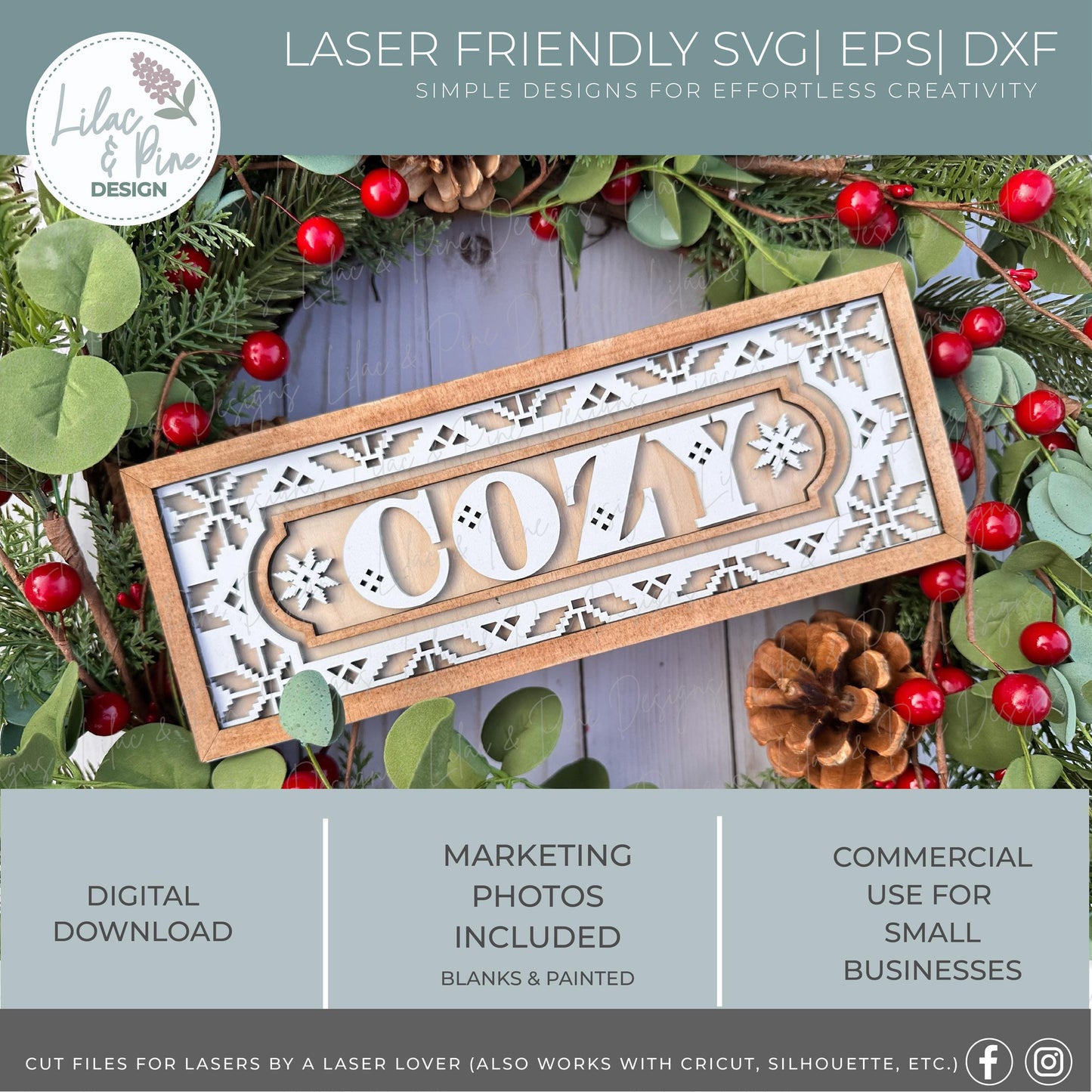 Cozy Winter sign SVG - Rectangular Nordic style design - Layered Christmas Laser cut file for: Glowforge, xTool, Lightburn