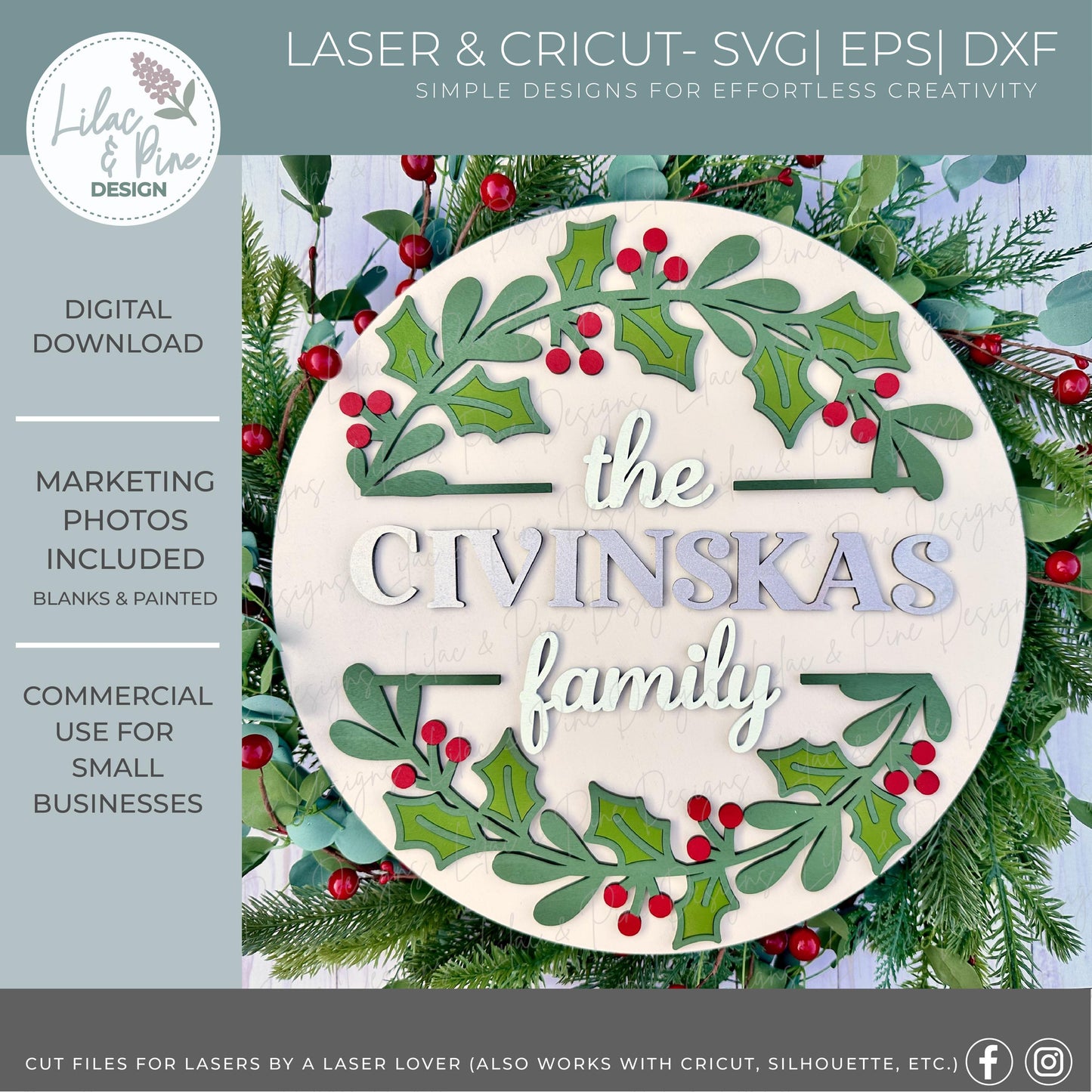 Custom Holly Family Sign SVG - Round Wreath door hanger - Personalized Christmas SVG DIY Holiday Decor - Cricut svg - laser cut file