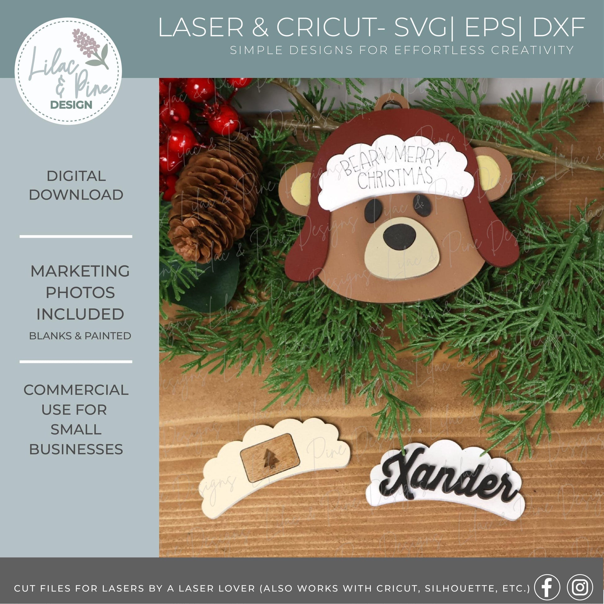 Cute Christmas Ornament SVG Set – Snowman, Bear, Moose Bundle with Customizable Hat – Laser Cut File for Glowforge, xTool, Lightburn