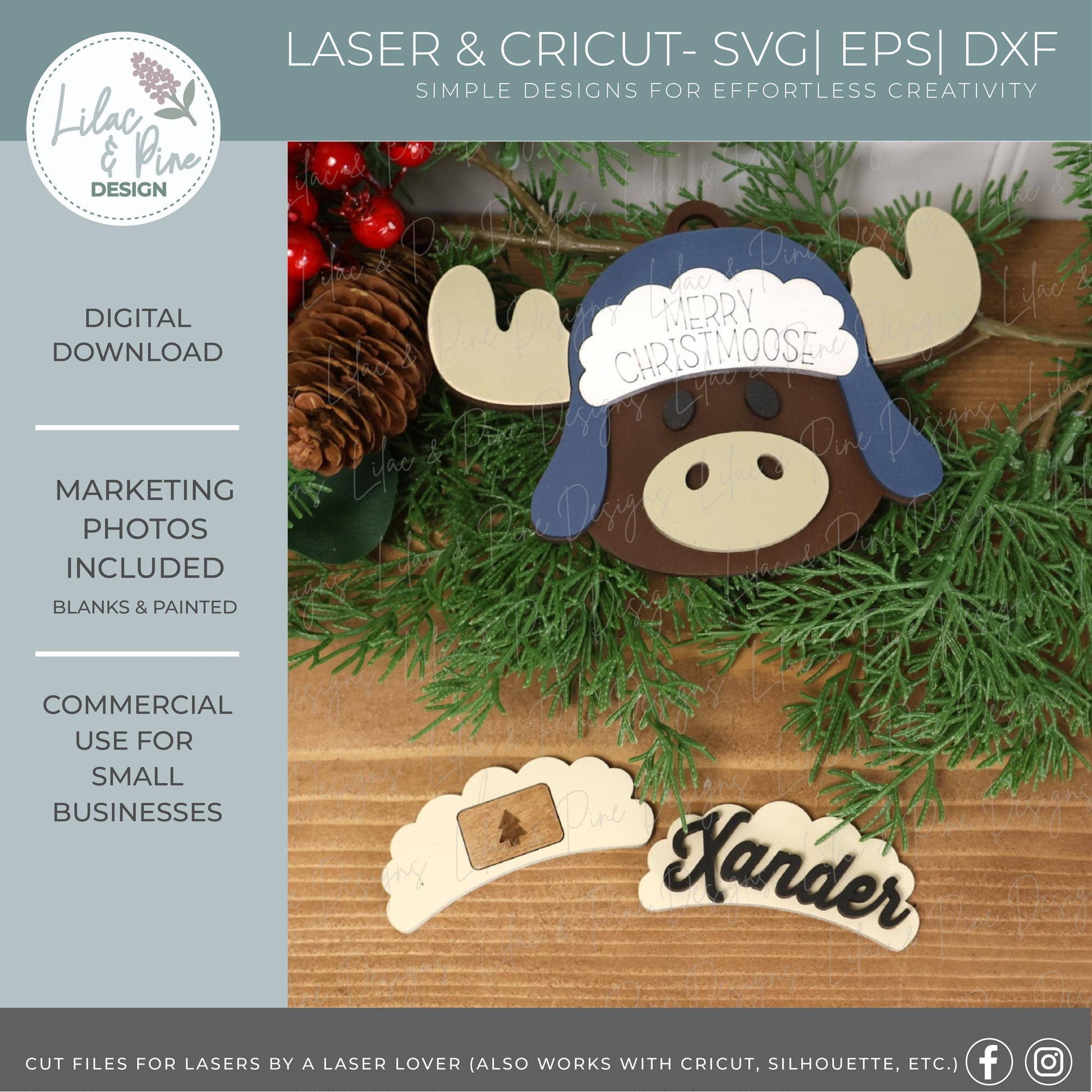 Cute Christmas Ornament SVG Set – Snowman, Bear, Moose Bundle with Customizable Hat – Laser Cut File for Glowforge, xTool, Lightburn
