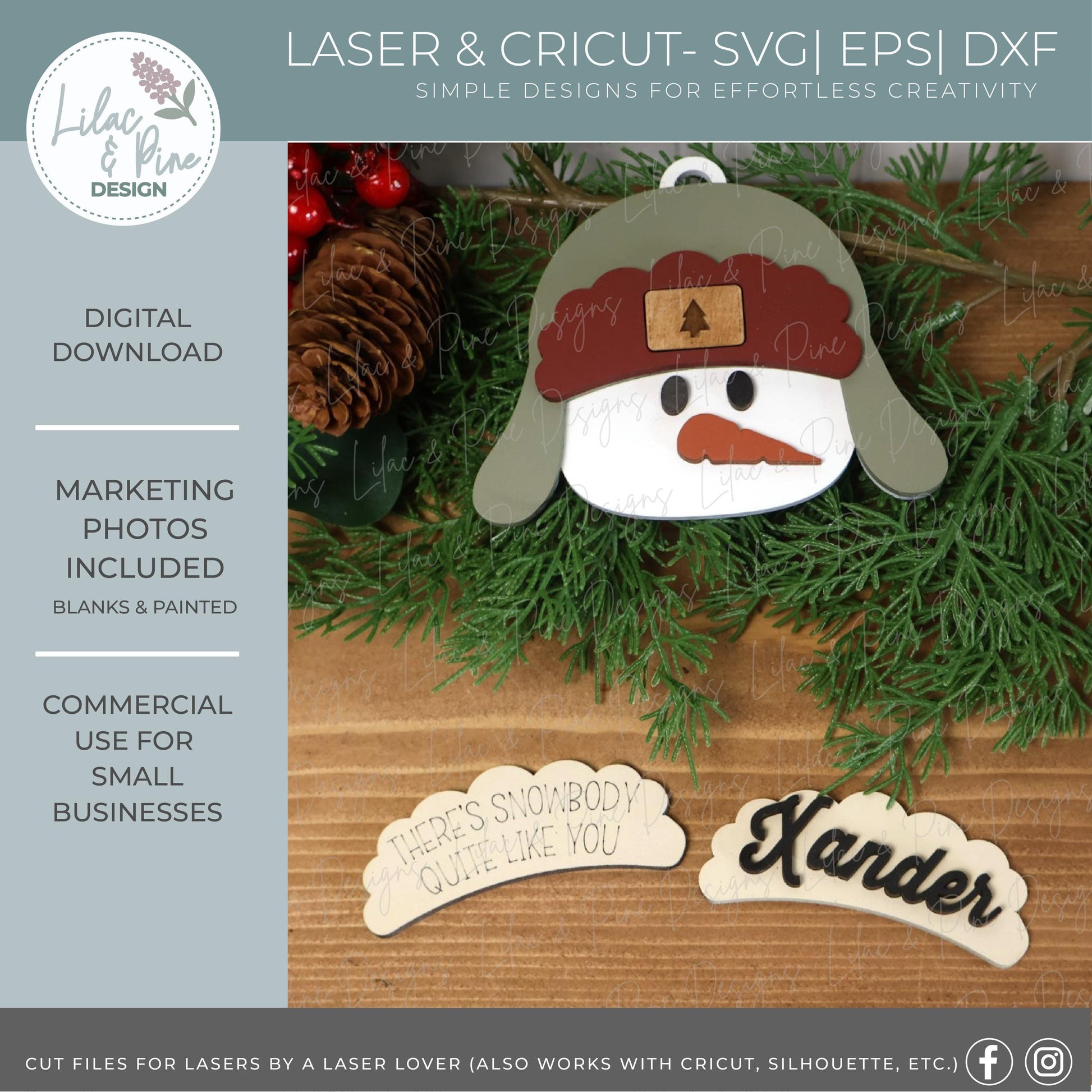 Cute Christmas Ornament SVG Set – Snowman, Bear, Moose Bundle with Customizable Hat – Laser Cut File for Glowforge, xTool, Lightburn