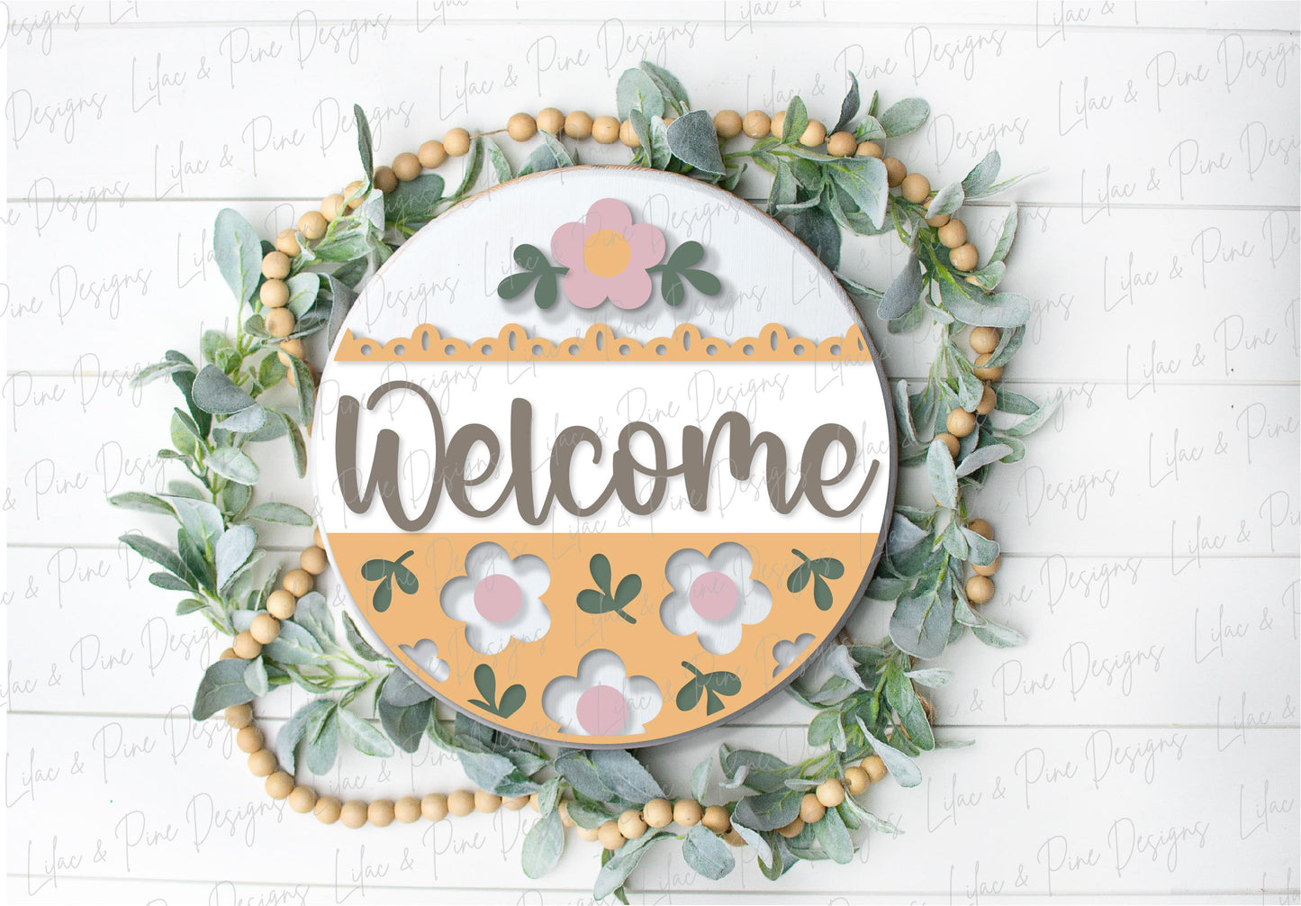 Mod Daisy Welcome sign, Daisy door hanger, round floral sign, Glowforge SVG, laser cut file