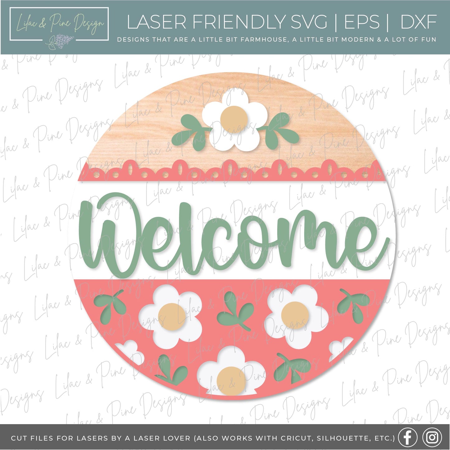 Mod Daisy Welcome sign, Daisy door hanger, round floral sign, Glowforge SVG, laser cut file