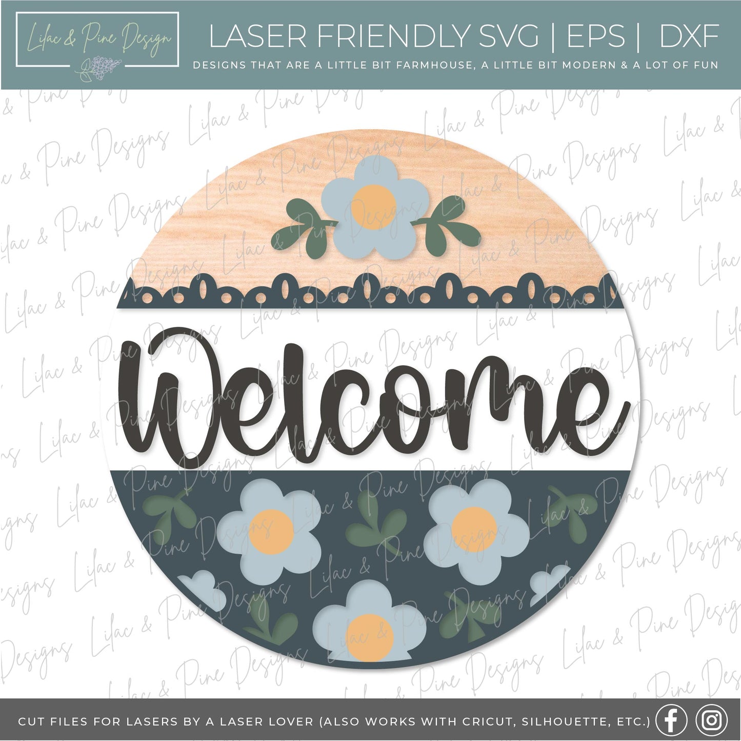 Mod Daisy Welcome sign, Daisy door hanger, round floral sign, Glowforge SVG, laser cut file