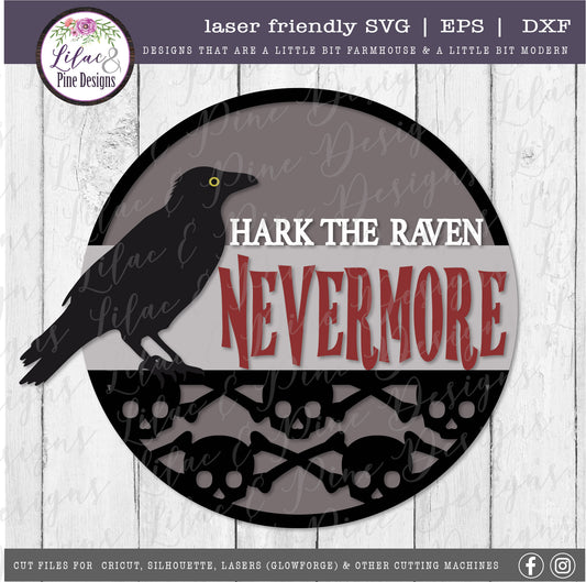 Nevermore Raven Sign SVG, Halloween Welcome SVG, Spooky SVG, Raven SVG, Skull pattern SVG, Poe SVG, Door Round, Halloween SVG, Halloween decor, laser cut file, Glowforge SVG