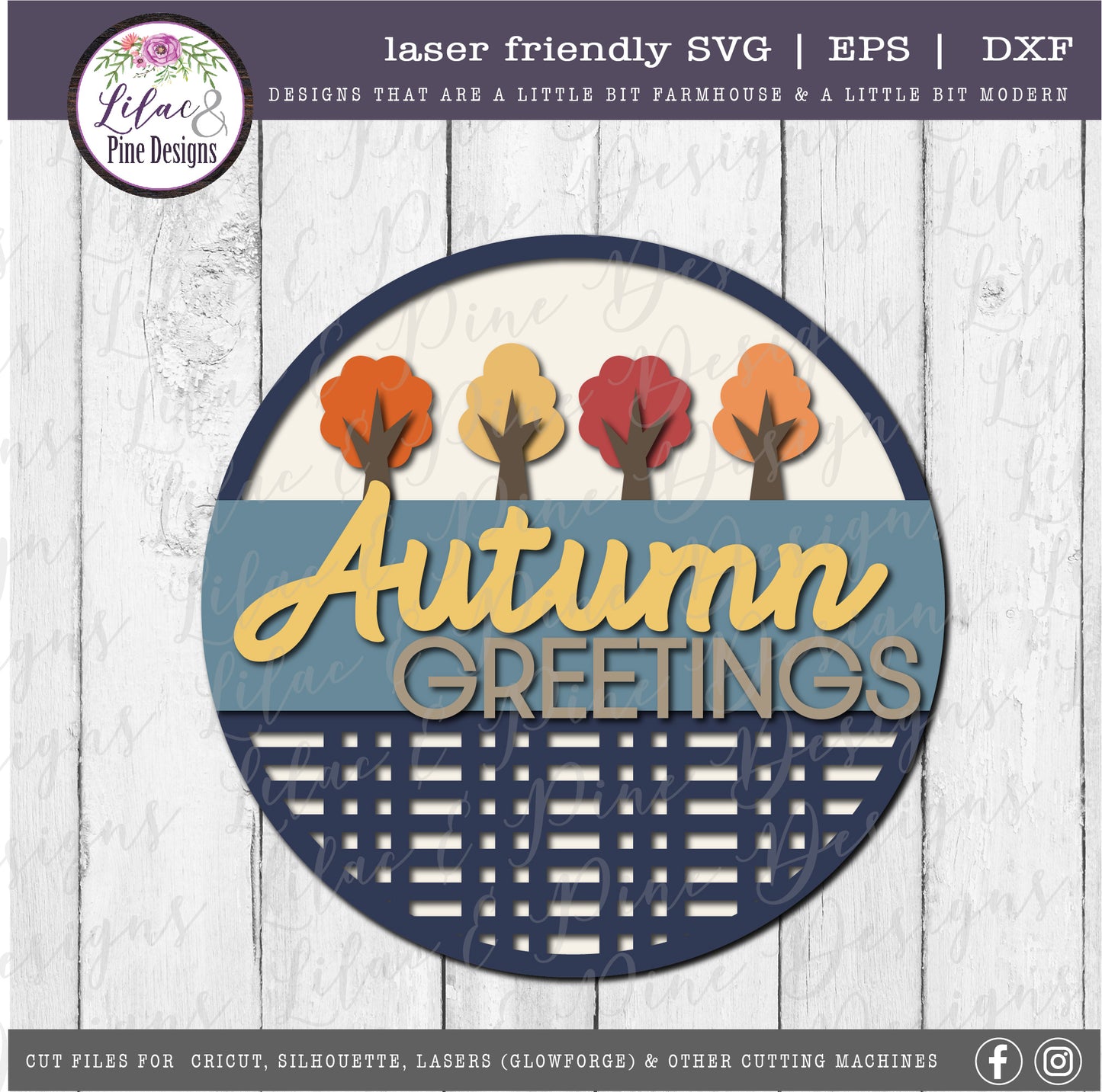 Autumn Greetings round sign SVG, fall porch decor SVG, laser cut file, Glowforge SVG