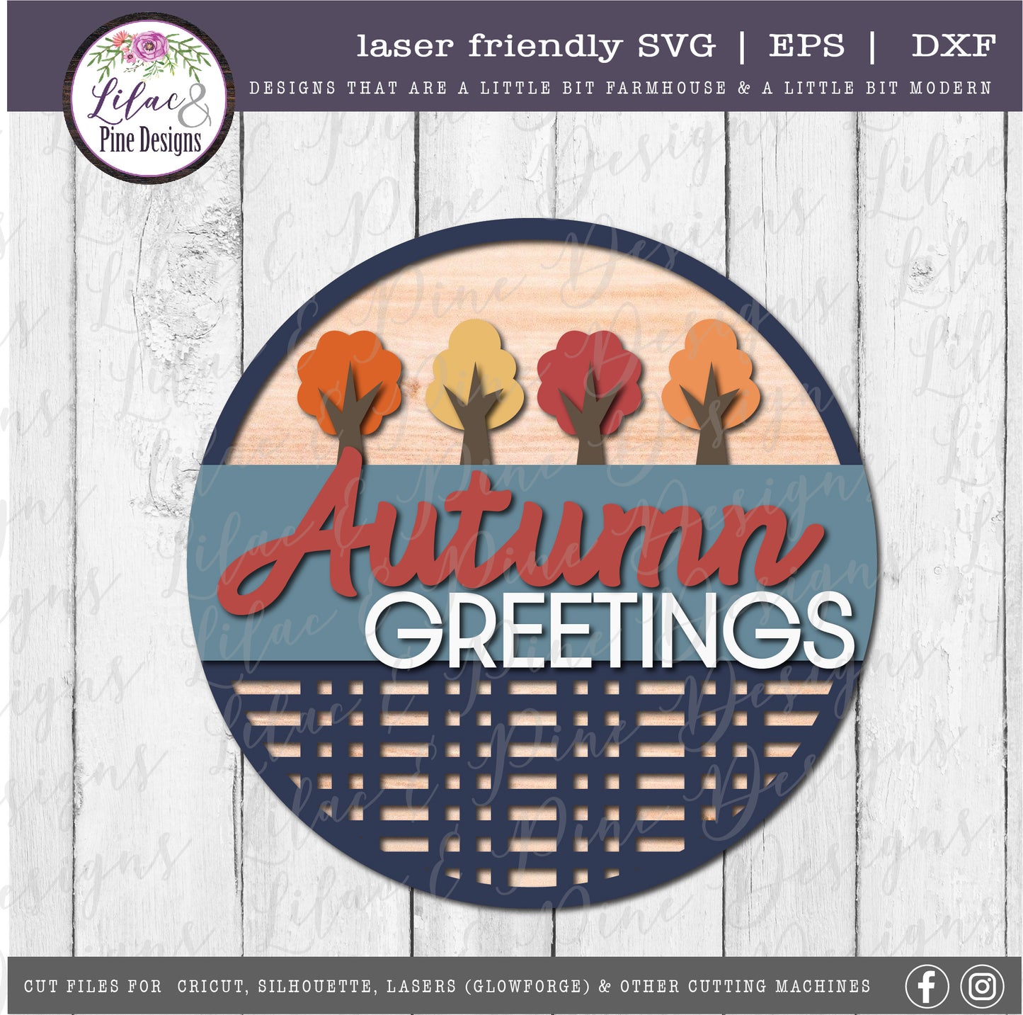 Autumn Greetings round sign SVG, fall porch decor SVG, laser cut file, Glowforge SVG