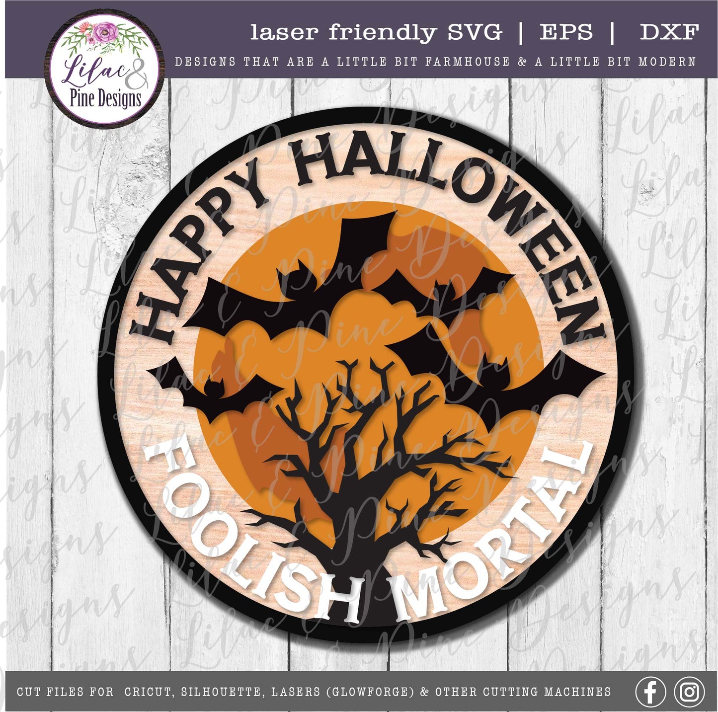 Welcome Foolish Mortals Halloween sign SVG, Moon and Bats SVG, Spooky SVG, bats SVG, Halloween porch decor, Creepy door round, laser cut file, Glowforge SVG