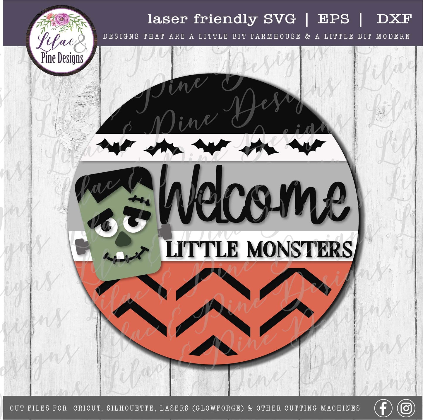 Frankenstein Halloween sign SVG, Welcome Little Monsters SVG, Frankie SVG, bats SVG, Halloween porch decor, Frankenstein door round, laser cut file, Glowforge SVG