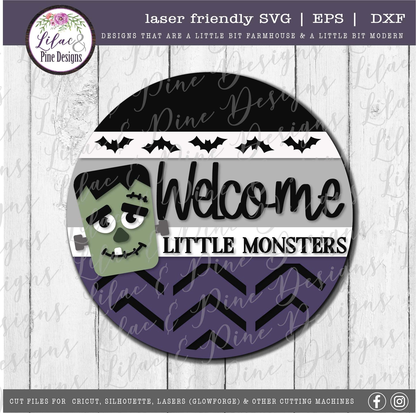 Frankenstein Halloween sign SVG, Welcome Little Monsters SVG, Frankie SVG, bats SVG, Halloween porch decor, Frankenstein door round, laser cut file, Glowforge SVG