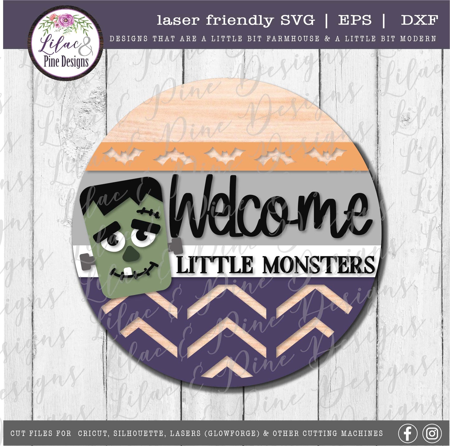 Frankenstein Halloween sign SVG, Welcome Little Monsters SVG, Frankie SVG, bats SVG, Halloween porch decor, Frankenstein door round, laser cut file, Glowforge SVG