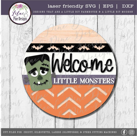 Frankenstein Halloween sign SVG, Welcome Little Monsters SVG, Frankie SVG, bats SVG, Halloween porch decor, Frankenstein door round, laser cut file, Glowforge SVG
