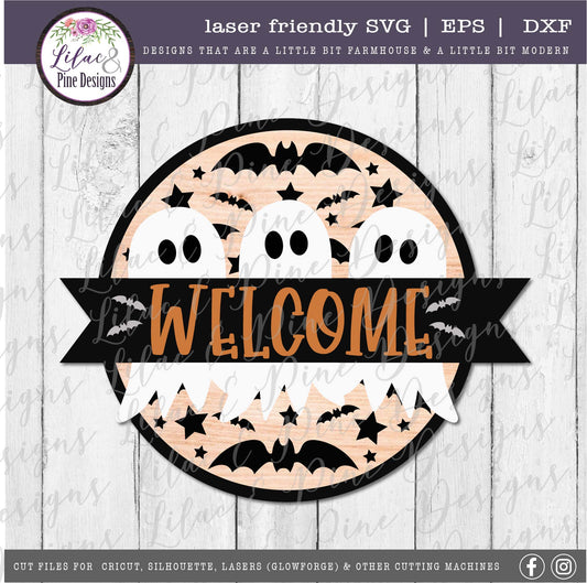 Ghost Trio Sign SVG, Halloween Welcome SVG, Spooky SVG, Ghost SVG, Door Round, Happy Halloween SVG, laser cut file, Glowforge SVG