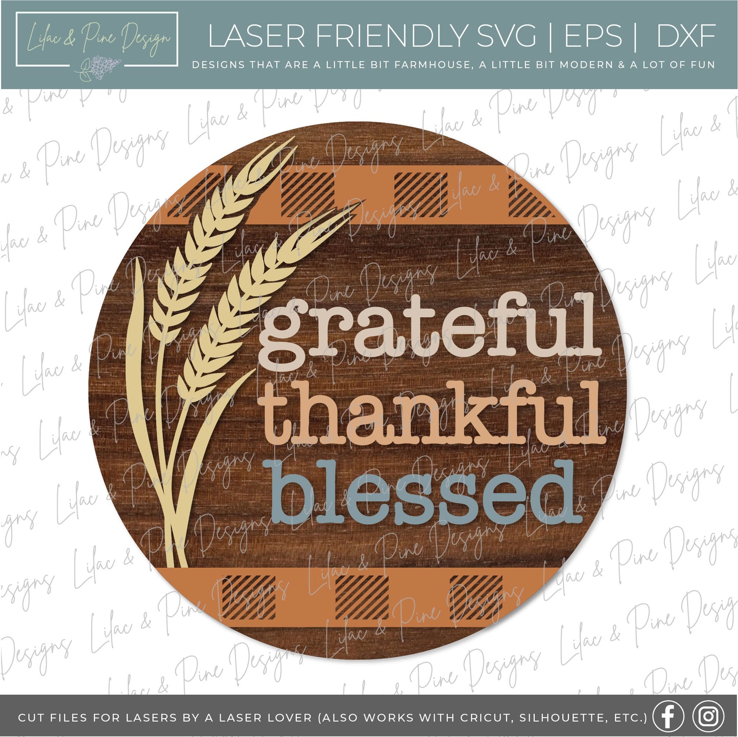Grateful Thankful Blessed sign, Thanksgiving door round SVG, Fall Welcome, Autumn porch decor SVG, wheat SVG, Glowforge Svg, laser cut file