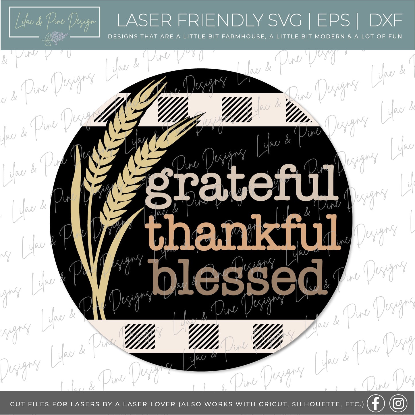 Grateful Thankful Blessed sign, Thanksgiving door round SVG, Fall Welcome, Autumn porch decor SVG, wheat SVG, Glowforge Svg, laser cut file