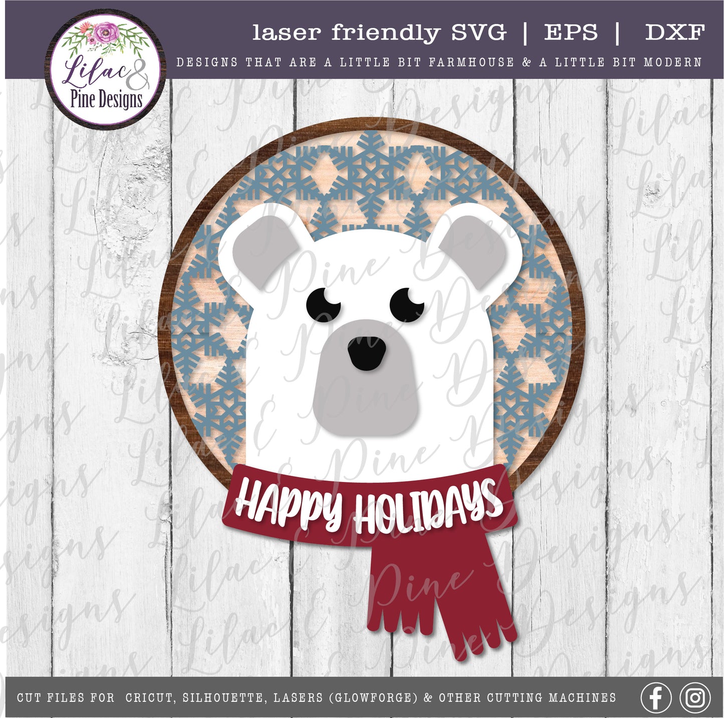Polar Bear Happy Holidays sign SVG, Happy Holidays SVG, polar bear SVG, winter sign SVG, snowflake pattern SVG, laser cut file, Glowforge SVG