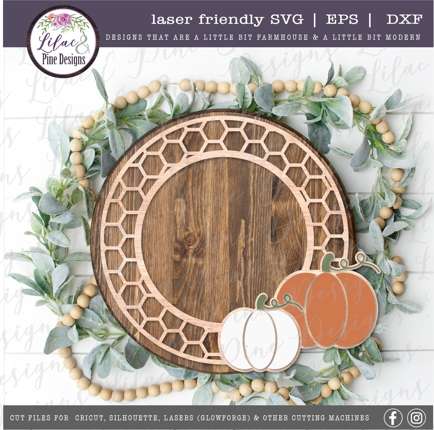 Pumpkin and honeycomb frame SVG, fall porch decor SVG, laser cut file, Glowforge SVG