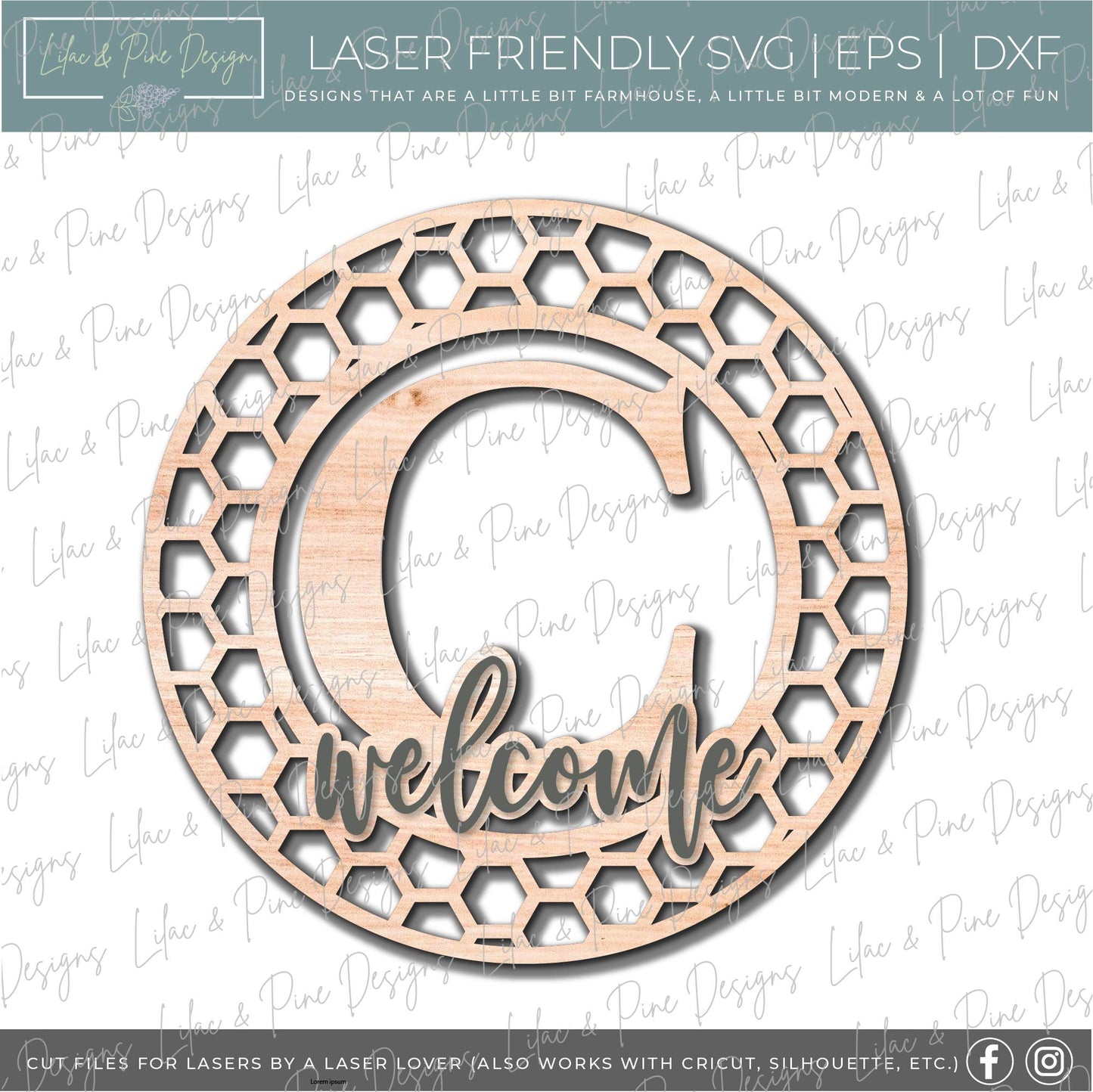Monogram Honeycomb Welcome, Monogram SVG, Welcome door hanger, Glowforge file, laser cut file