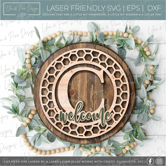 Monogram Honeycomb Welcome, Monogram SVG, Welcome door hanger, Glowforge file, laser cut file