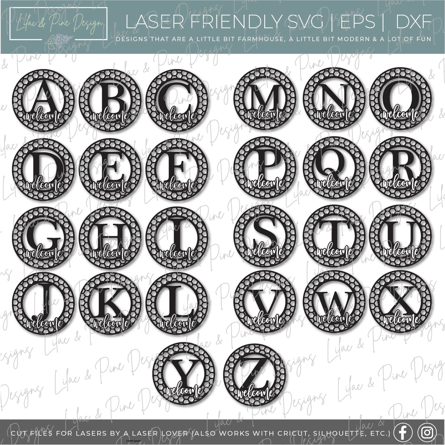 Monogram Honeycomb Welcome, Monogram SVG, Welcome door hanger, Glowforge file, laser cut file