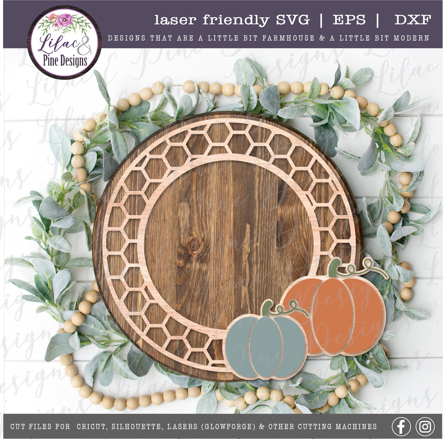 Pumpkin and honeycomb frame SVG, fall porch decor SVG, laser cut file, Glowforge SVG