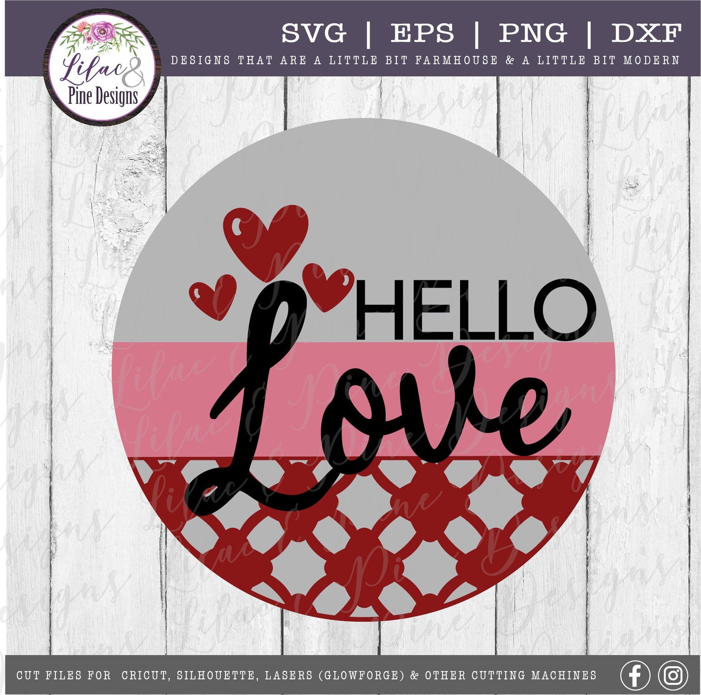 Hello Love Valentine SVG, Valentine door round SVG, patterned heart Valentine door sign SVG, Valentine decor, Glowforge Svg, laser cut file