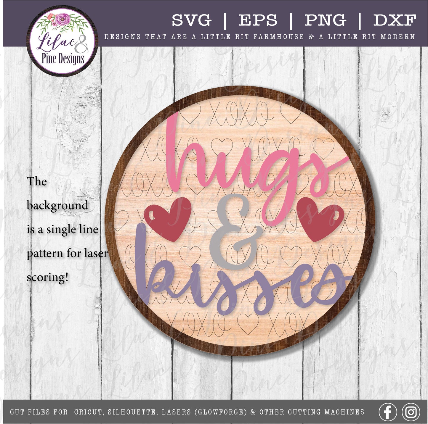 Hugs and Kisses door round laser SVG, Valentine door round SVG, patterned door round, Valentine heart decor, Glowforge Svg, laser cut file
