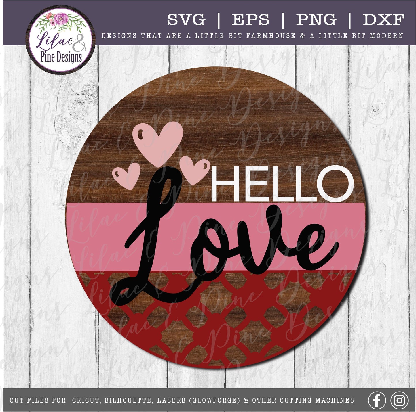 Hello Love Valentine SVG, Valentine door round SVG, patterned heart Valentine door sign SVG, Valentine decor, Glowforge Svg, laser cut file
