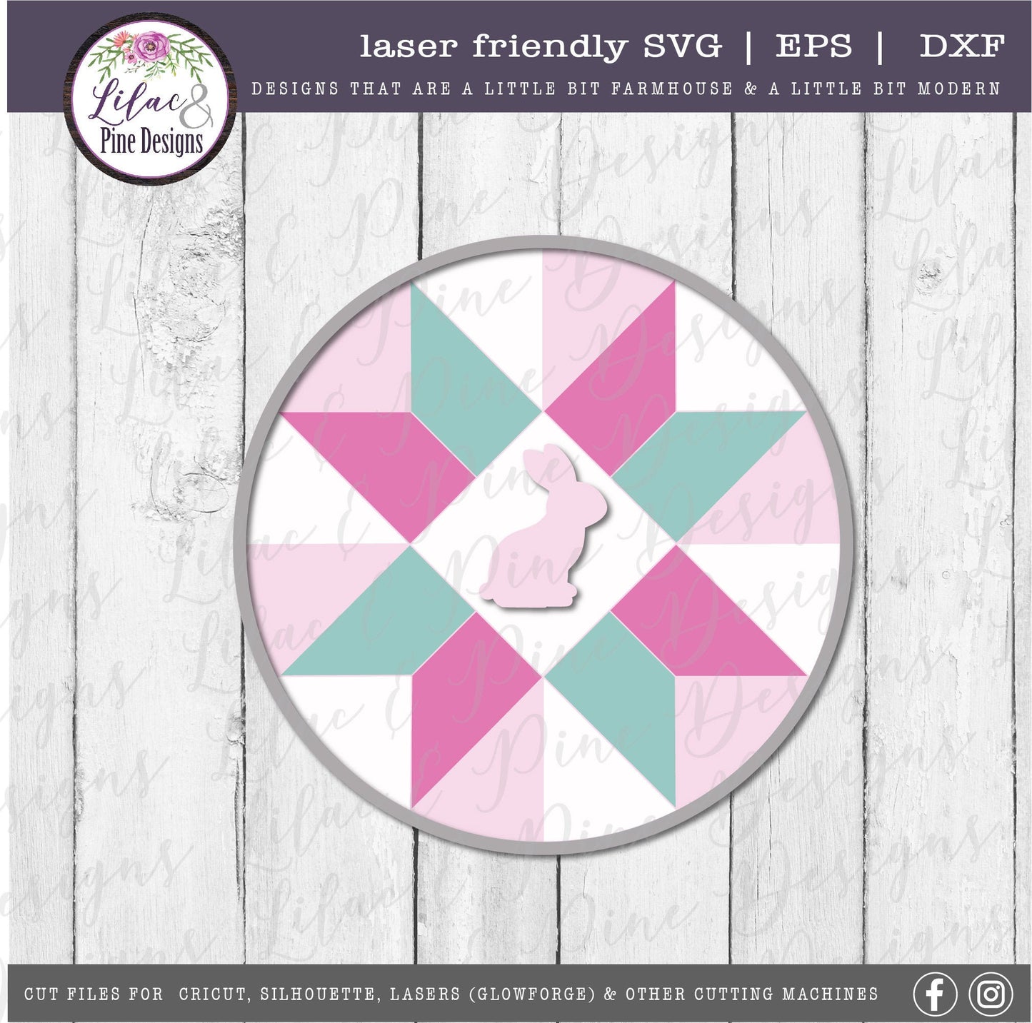 Barn Quilt bunny SVG, Easter quilt door round SVG, spring barn quilt SVG, door round, farmhouse Easter decor, Glowforge Svg, laser cut file