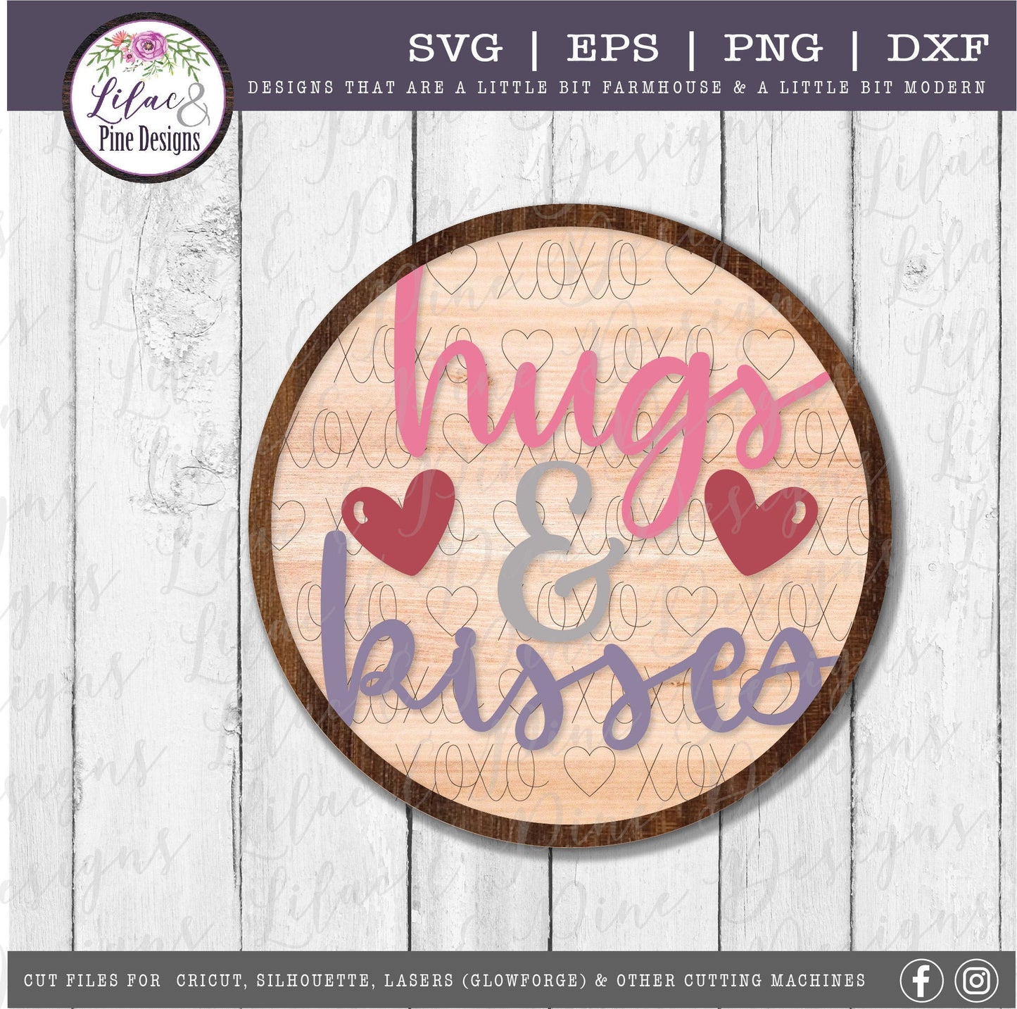 Hugs and Kisses door round laser SVG, Valentine door round SVG, patterned door round, Valentine heart decor, Glowforge Svg, laser cut file