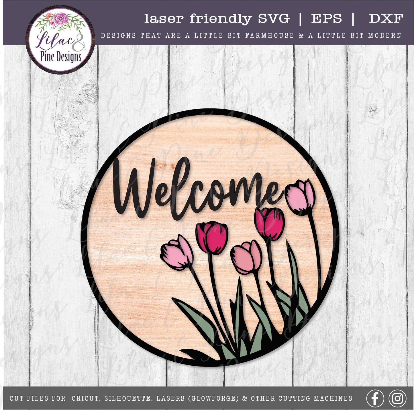 Welcome Spring round sign SVG, spring floral door round SVG, tulip svg, floral SVG, farmhouse spring decor, Glowforge Svg, laser cut file