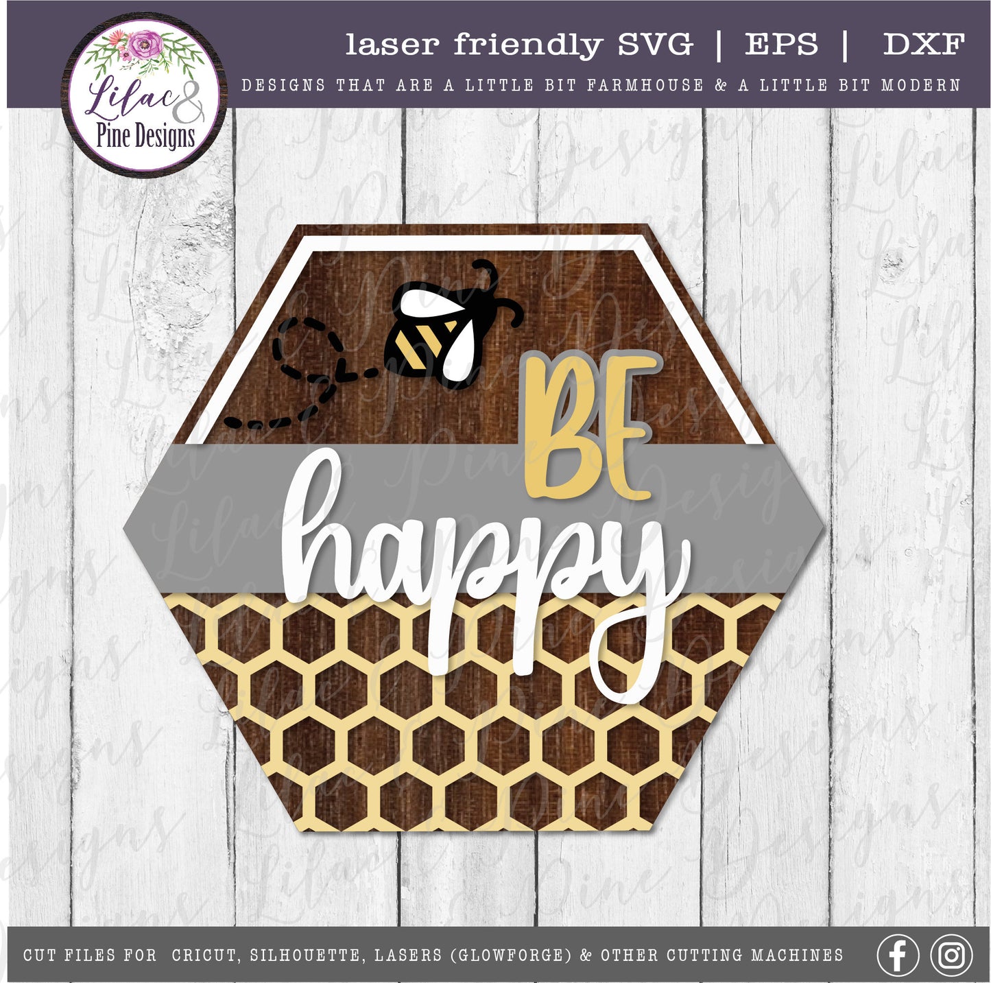 Be happy sign SVG, Spring sign SVG, bee SVG, summer decor svg, hexagon sign, honey svg, farmhouse decor, Glowforge Svg, laser cut file