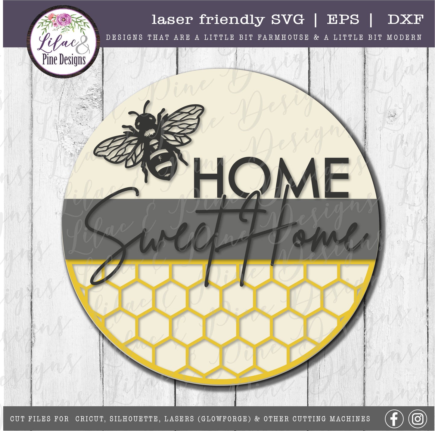 Home Sweet Home sign, Spring sign SVG, bee SVG, summer decor svg, honeycomb sign, honey svg, farmhouse decor, Glowforge Svg, laser cut file