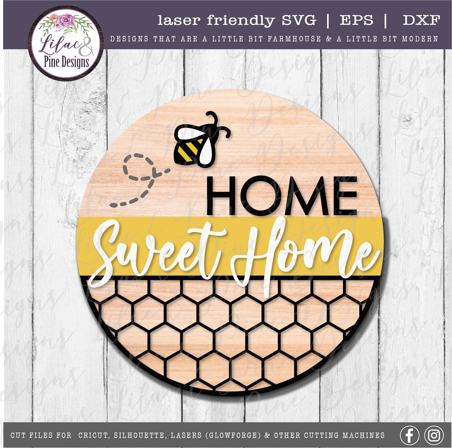 Home Sweet Home sign, Spring sign SVG, bee SVG, summer decor svg, honeycomb sign, honey svg, farmhouse decor, Glowforge Svg, laser cut file