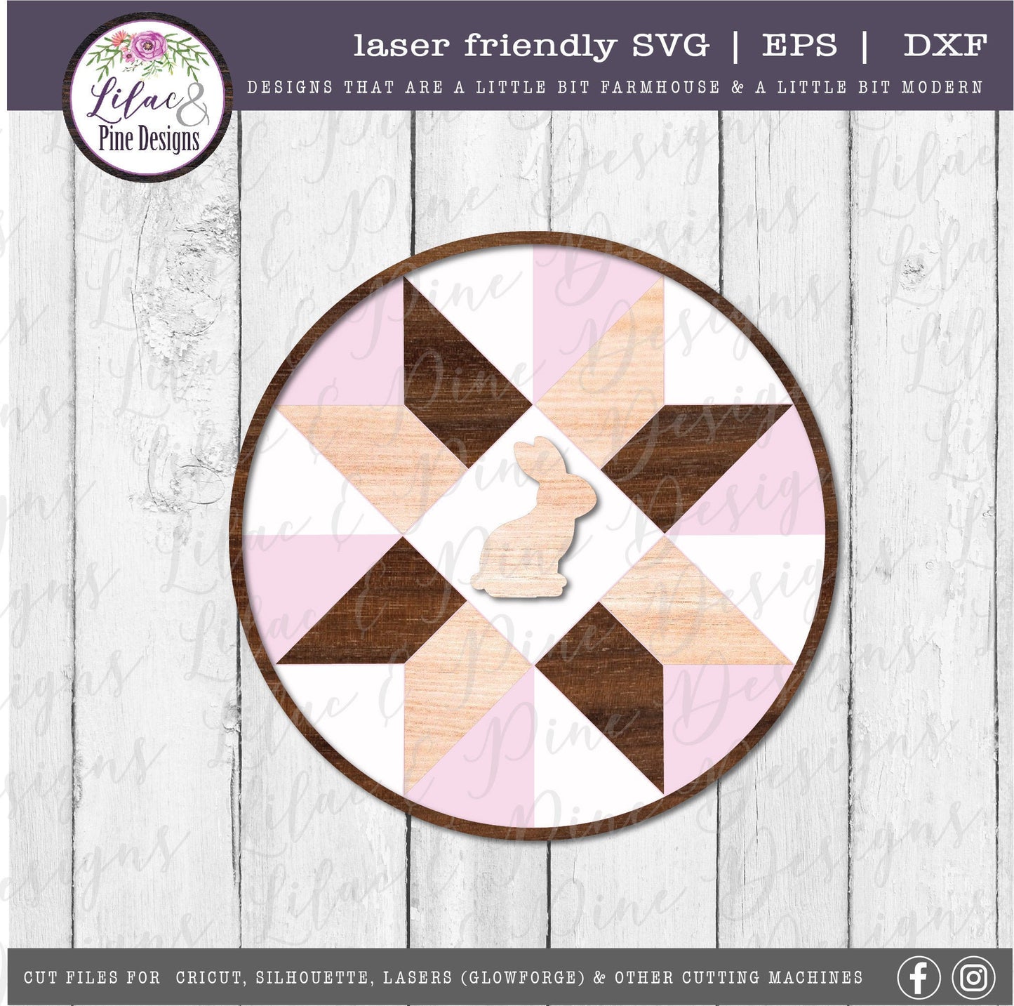 Barn Quilt bunny SVG, Easter quilt door round SVG, spring barn quilt SVG, door round, farmhouse Easter decor, Glowforge Svg, laser cut file