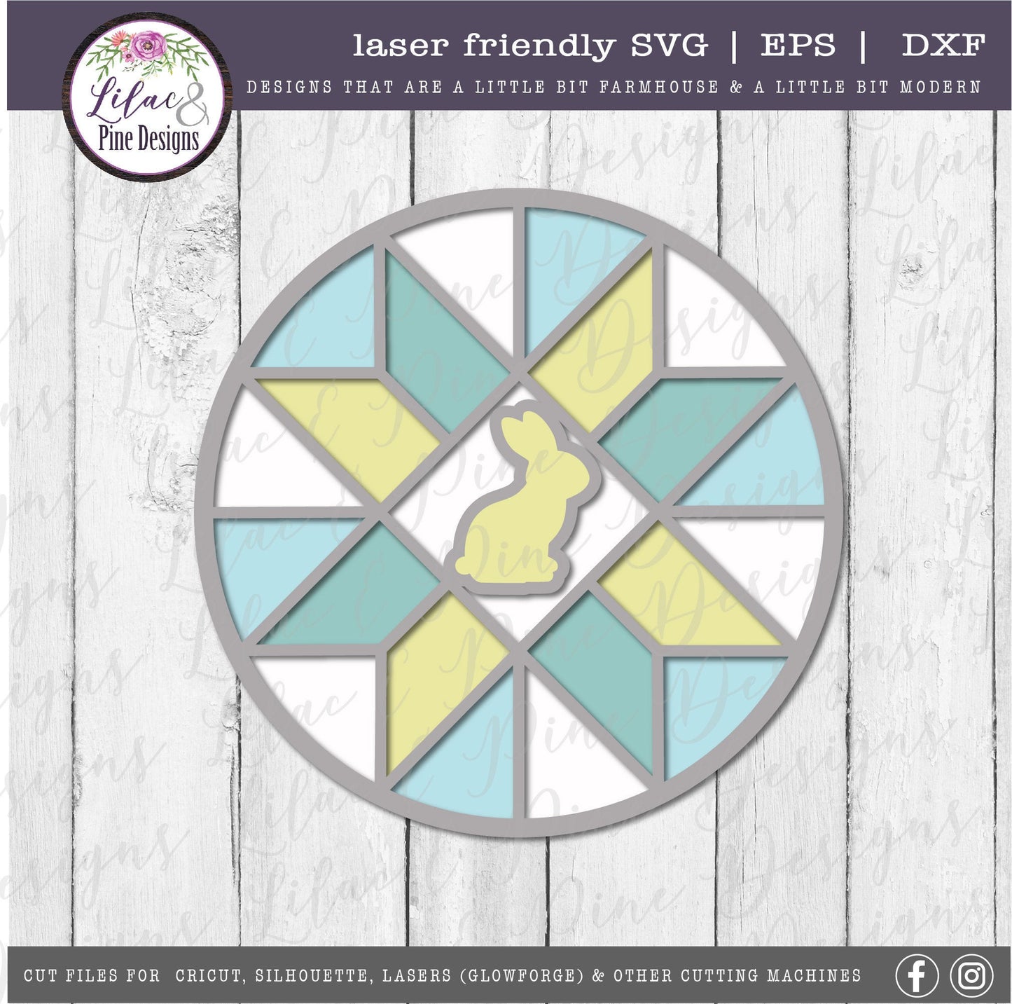 Barn Quilt bunny SVG, Easter door round SVG, stained glass bunny SVG, spring stained glass svg, farmhouse decor, Glowforge Svg, laser file