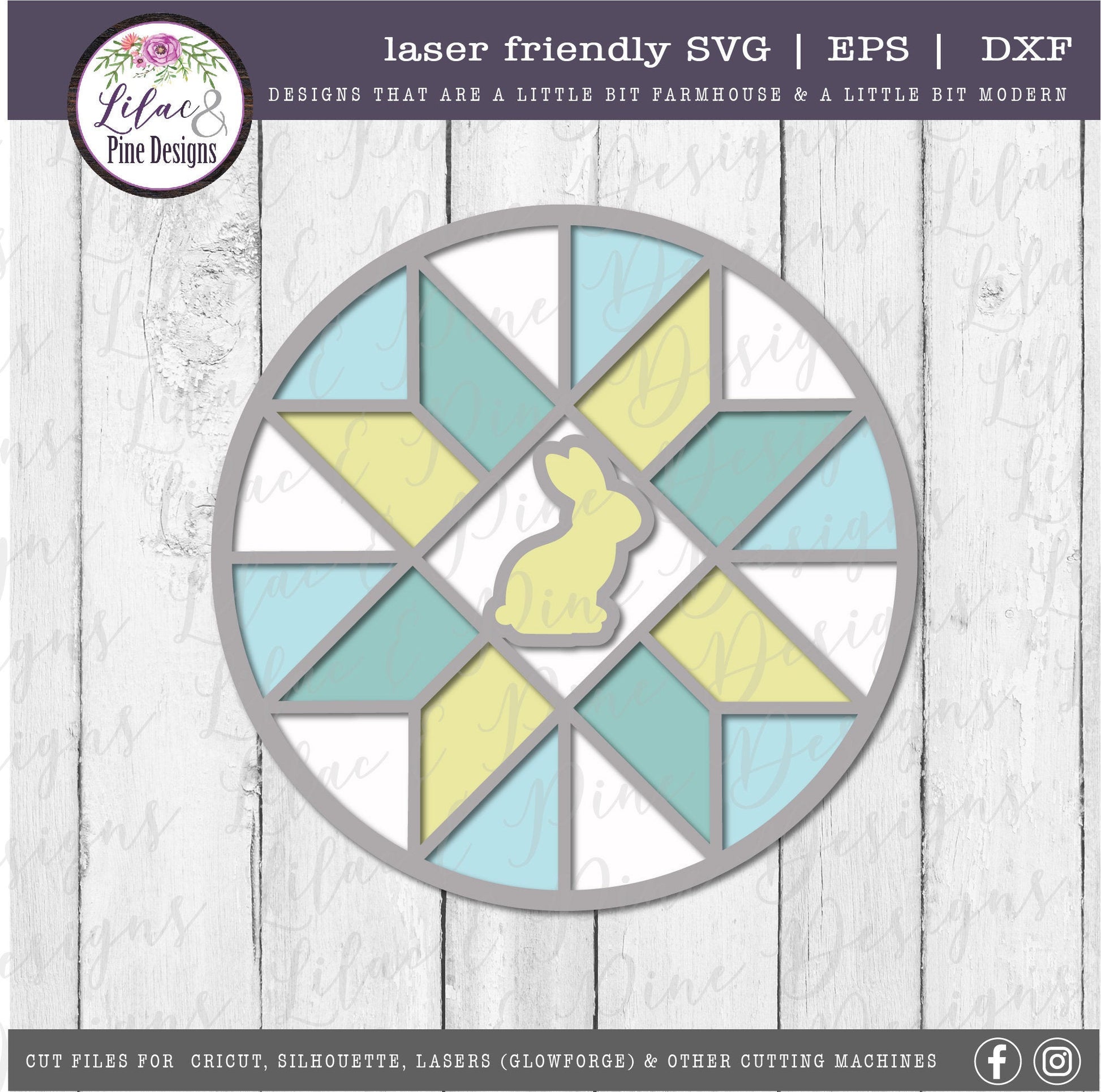 Barn Quilt bunny SVG, Easter door round SVG, stained glass bunny SVG, spring stained glass svg, farmhouse decor, Glowforge Svg, laser file