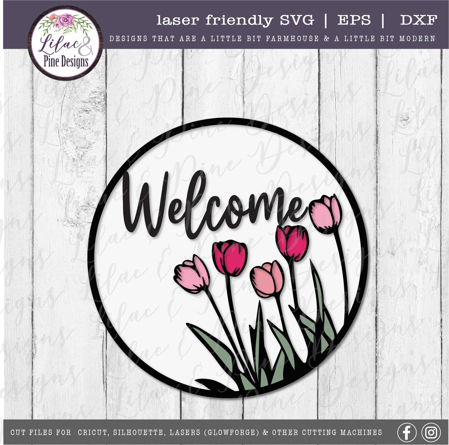 Welcome Spring round sign SVG, spring floral door round SVG, tulip svg, floral SVG, farmhouse spring decor, Glowforge Svg, laser cut file