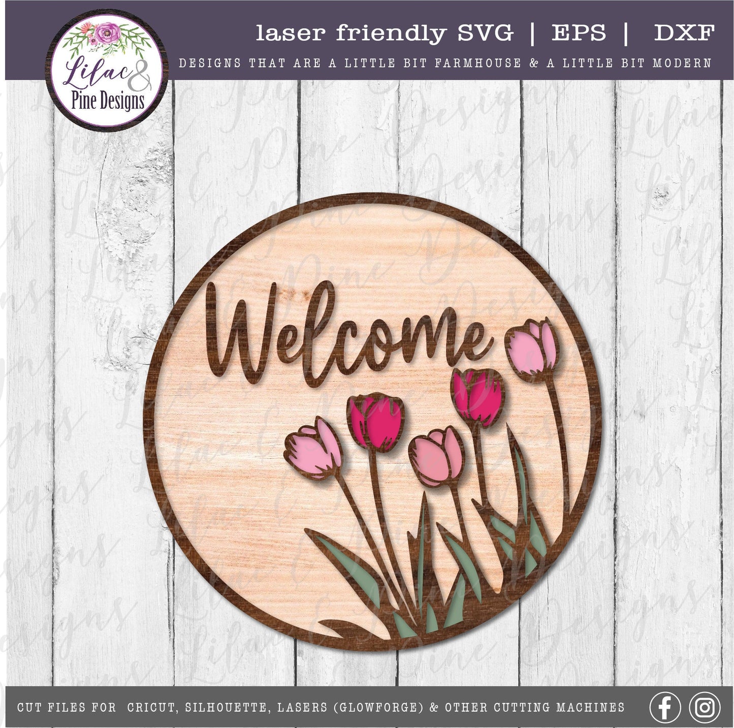 Welcome Spring round sign SVG, spring floral door round SVG, tulip svg, floral SVG, farmhouse spring decor, Glowforge Svg, laser cut file