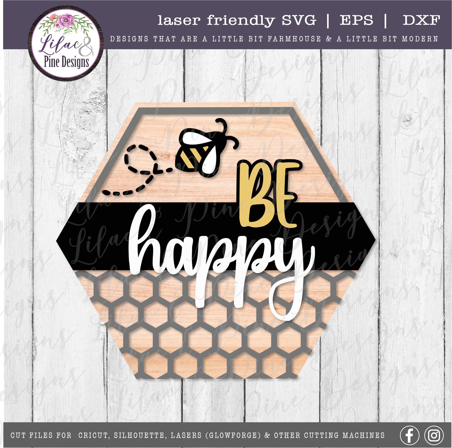 Be happy sign SVG, Spring sign SVG, bee SVG, summer decor svg, hexagon sign, honey svg, farmhouse decor, Glowforge Svg, laser cut file