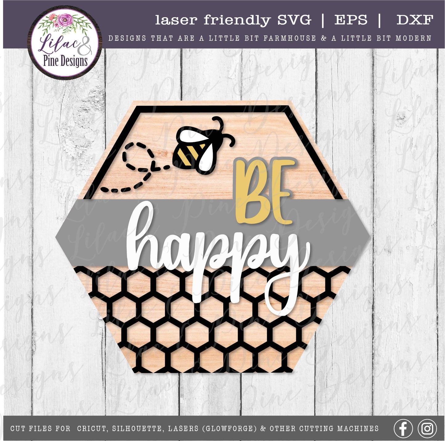 Be happy sign SVG, Spring sign SVG, bee SVG, summer decor svg, hexagon sign, honey svg, farmhouse decor, Glowforge Svg, laser cut file