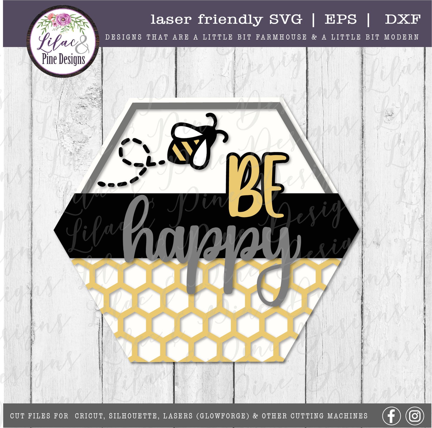 Be happy sign SVG, Spring sign SVG, bee SVG, summer decor svg, hexagon sign, honey svg, farmhouse decor, Glowforge Svg, laser cut file