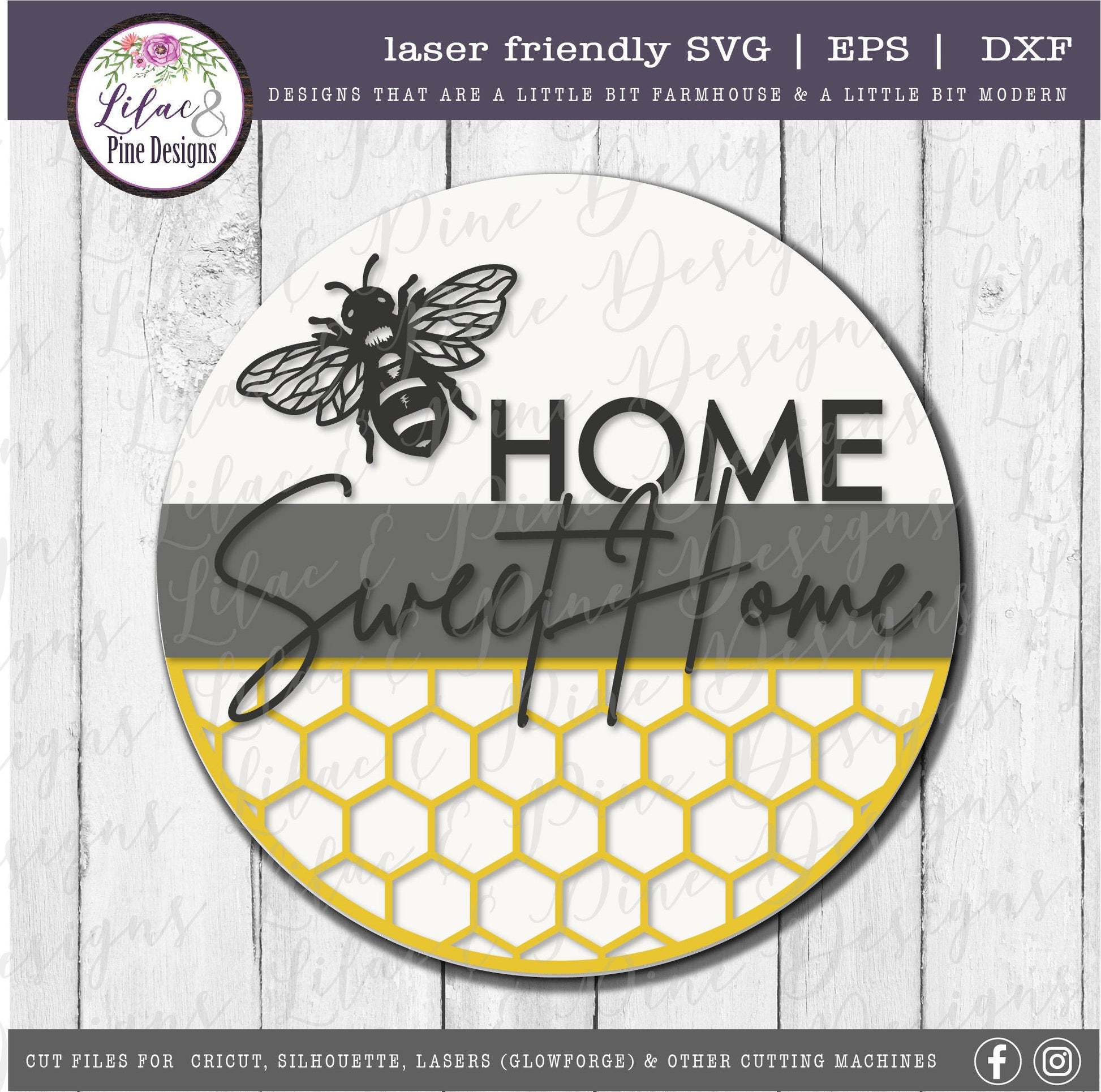 Home Sweet Home sign, Spring sign SVG, bee SVG, summer decor svg, honeycomb sign, honey svg, farmhouse decor, Glowforge Svg, laser cut file