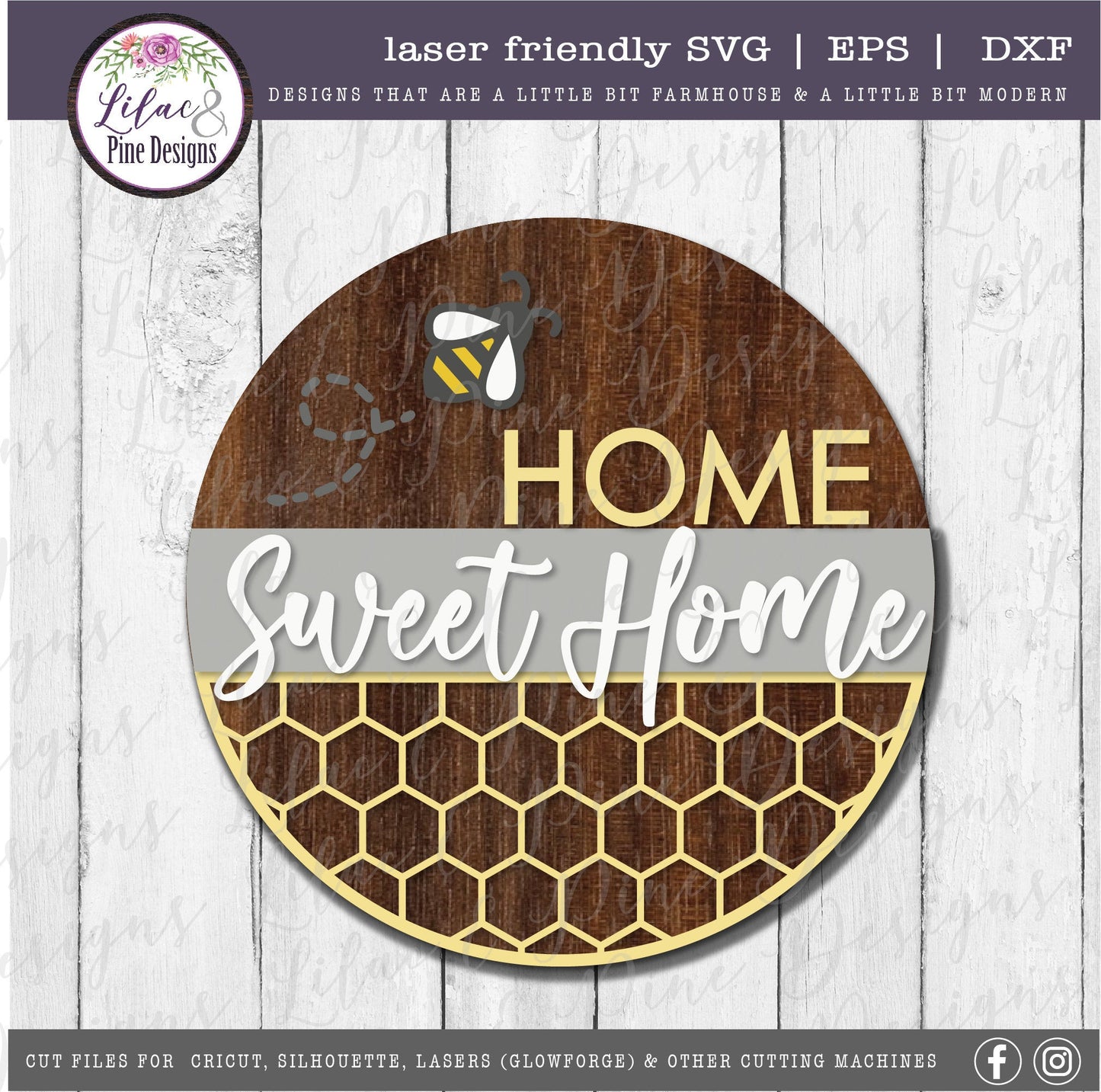 Home Sweet Home sign, Spring sign SVG, bee SVG, summer decor svg, honeycomb sign, honey svg, farmhouse decor, Glowforge Svg, laser cut file
