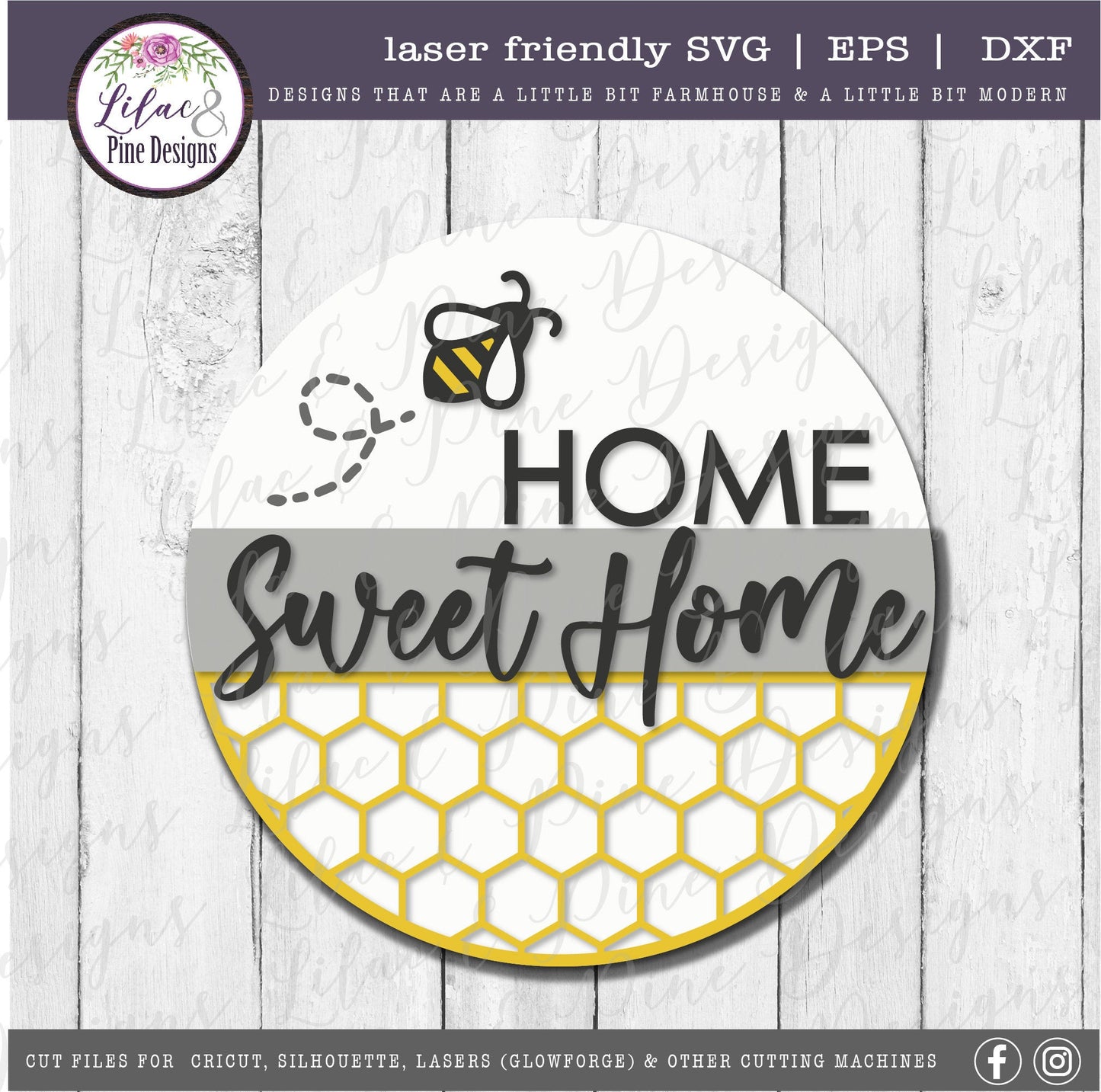 Home Sweet Home sign, Spring sign SVG, bee SVG, summer decor svg, honeycomb sign, honey svg, farmhouse decor, Glowforge Svg, laser cut file