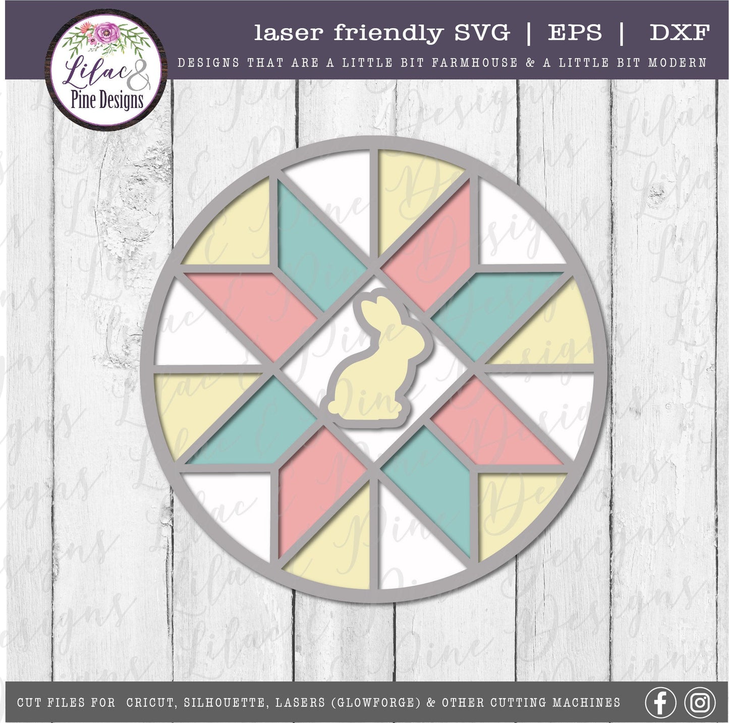 Barn Quilt bunny SVG, Easter door round SVG, stained glass bunny SVG, spring stained glass svg, farmhouse decor, Glowforge Svg, laser file