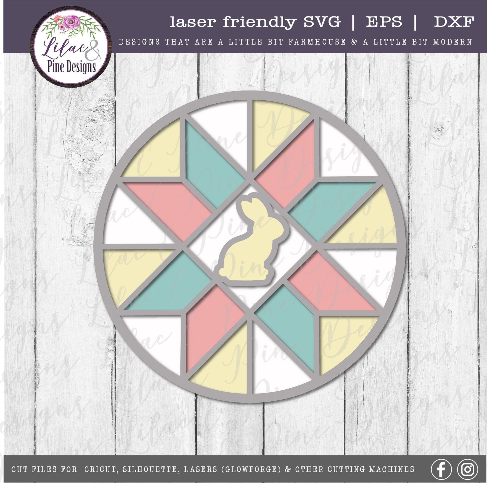 Barn Quilt bunny SVG, Easter door round SVG, stained glass bunny SVG, spring stained glass svg, farmhouse decor, Glowforge Svg, laser file