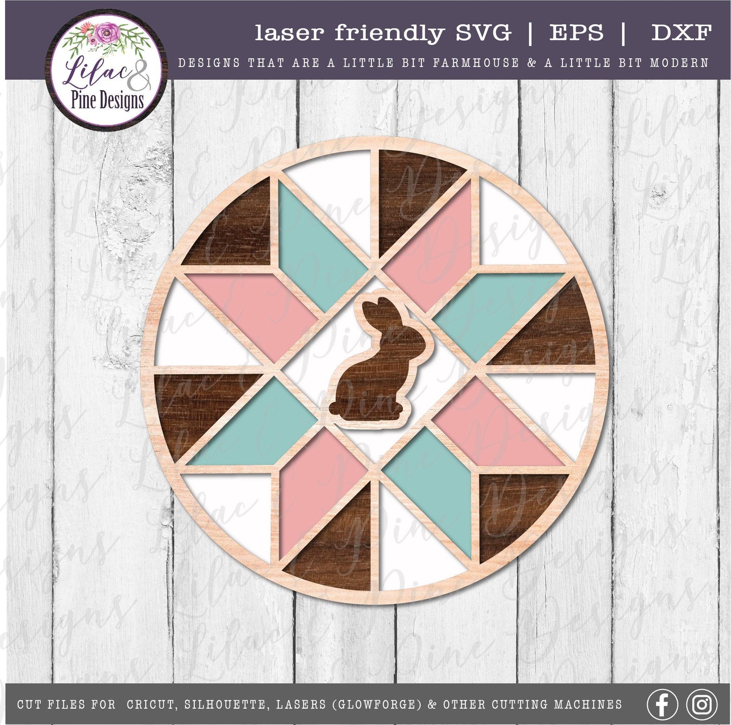 Barn Quilt bunny SVG, Easter door round SVG, stained glass bunny SVG, spring stained glass svg, farmhouse decor, Glowforge Svg, laser file