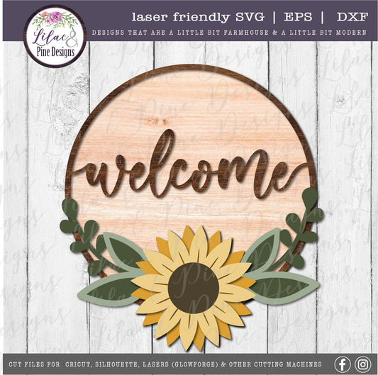 Sunflower welcome sign SVG, Welcome floral sign SVG, Welcome circle SVG, Sunflower door hanger svg, Glowforge laser svg, laser cut file